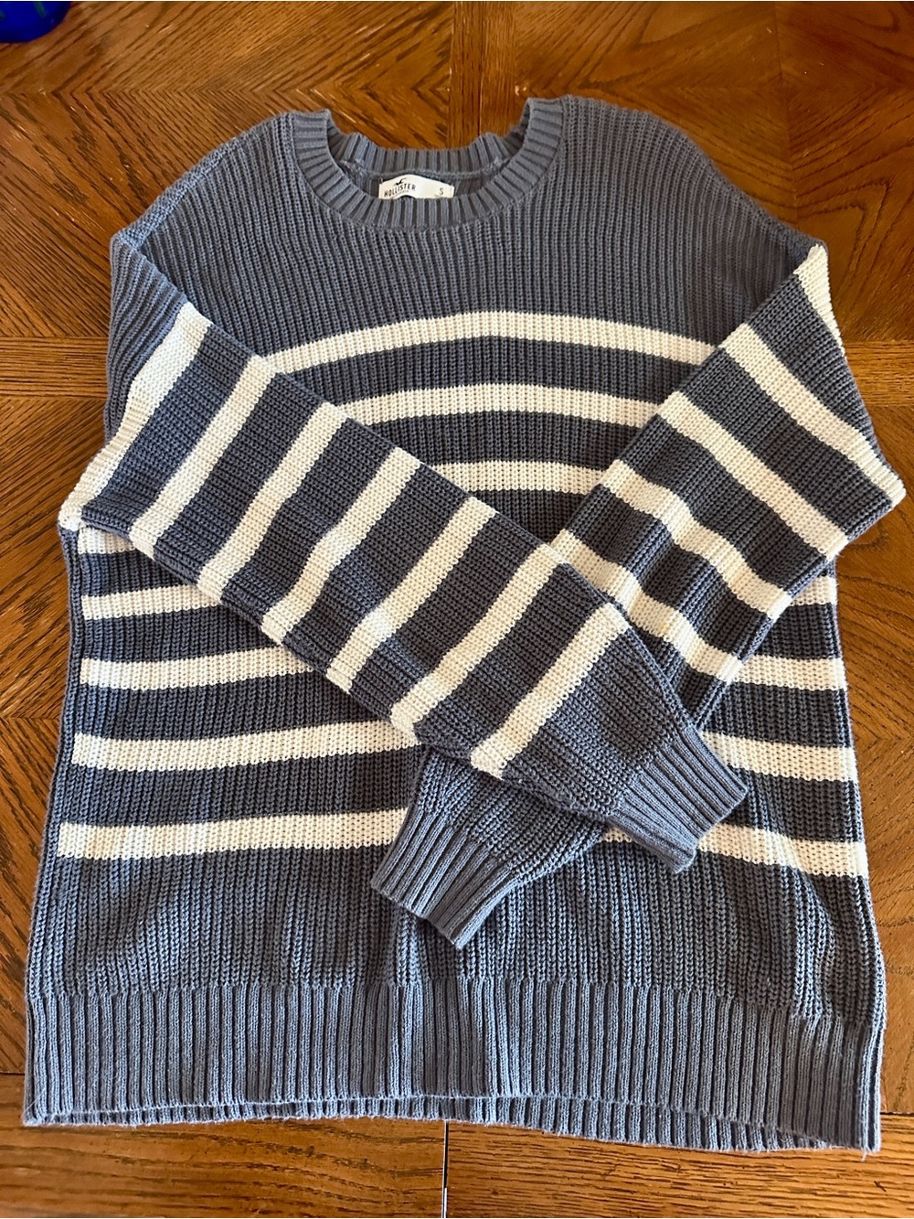 Hollister Blue and White Striped Crewneck Sweater